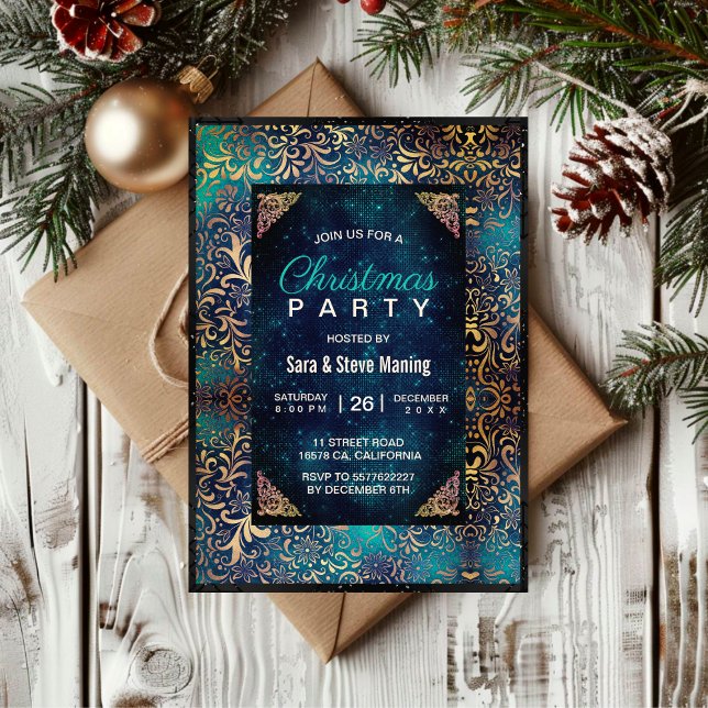 Chic turquoise floral faux gold Christmas Invitation (Creator Uploaded)