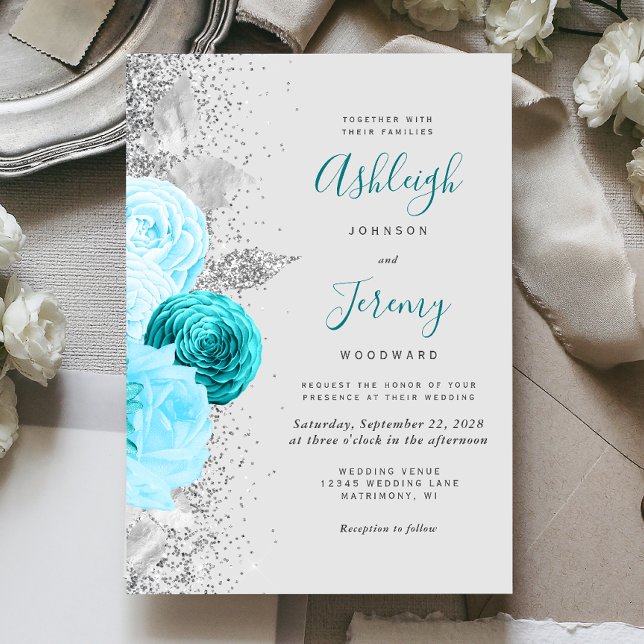 Chic Turquoise Floral Silver Glitter Grey Wedding Invitation (Creator Uploaded)