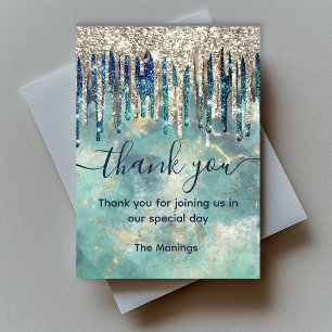 Chic Turquoise Gold Glitter Drips Thank You Card