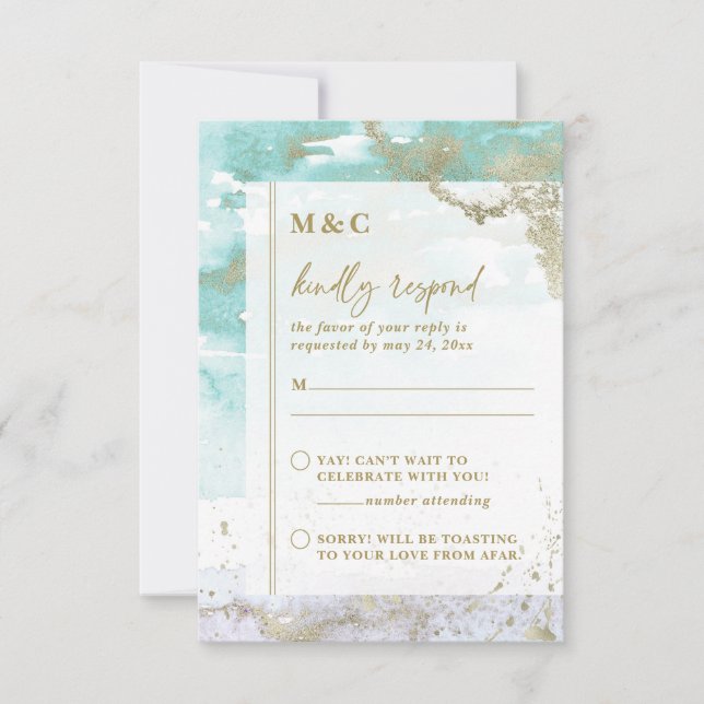 Chic Turquoise Lavender Gold Abstract Art Wedding RSVP Card (Front)
