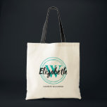Chic Turquoise Monogram Initial Script Name Tote Bag<br><div class="desc">Simple tote bag is personalised with your first name over your first or last name initial surrounded by turquoise circles and your full name below. Ideal for yourself,  for your bridesmaids,  book club or birthday gifts. MORE colours in our store.</div>