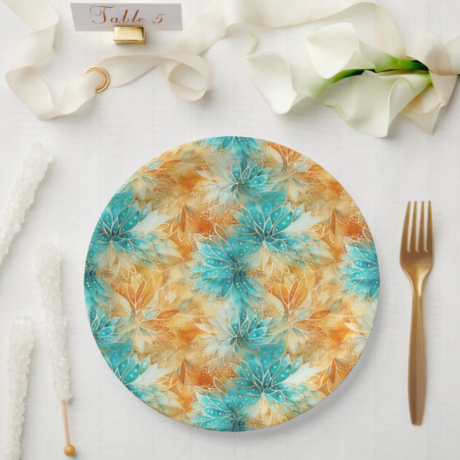 Chic Turquoise Orange Flowers Paper Plate (Wedding)