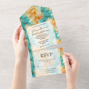 Chic Turquoise Orange Flowers Wedding All In One Invitation