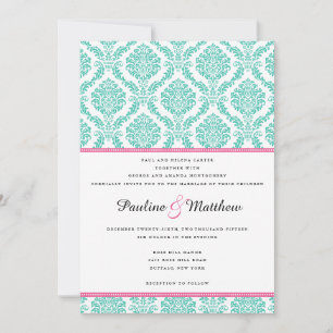 Chic Turquoise Pink Damask Wedding Invitation