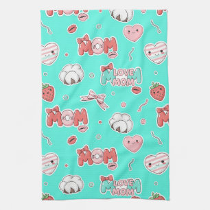 Chic Turquoise Pop Art MOM Love Pattern Tea Towel