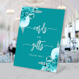 Chic Turquoise Silver Floral Wedding Cards Gifts Pedestal Sign