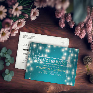 Chic Turquoise String Lights Wedding Save the Date Announcement Postcard