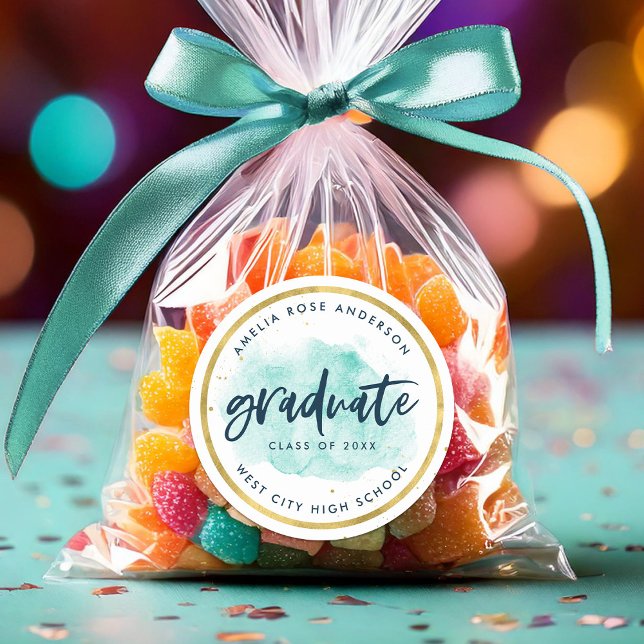 Chic Turquoise Watercolor Gold Graduate Classic Round Sticker (Creator Uploaded)