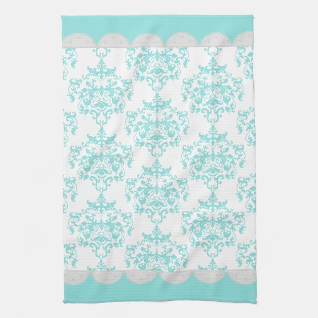 Chic Turquoise & White Damask Towel (Vertical)