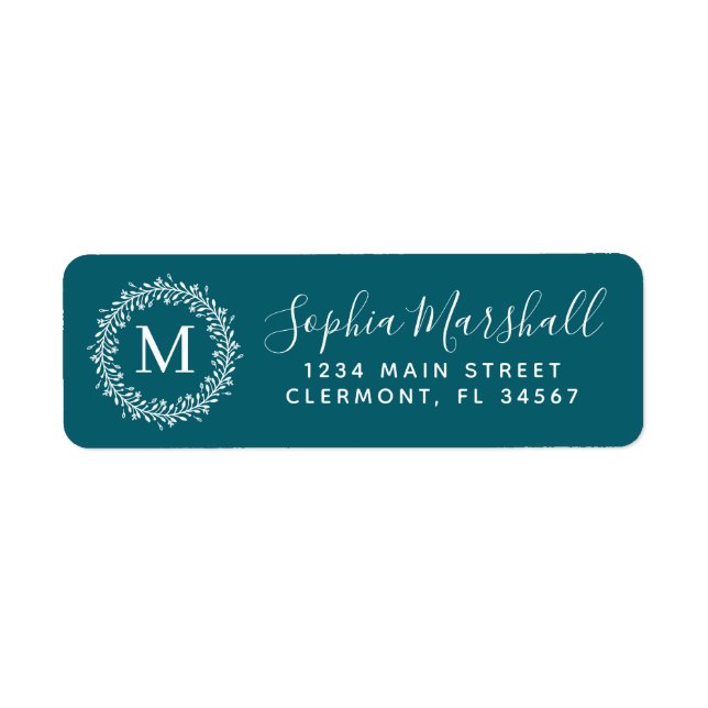 Chic Turquoise White Monogram Return Address Label (Front)
