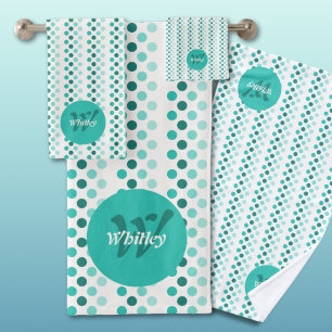 Chic Turquoise White Teal Dots Monogram Name Bath Towel Set