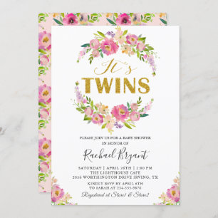 Chic Twins Pink Floral Baby Shower Invitation
