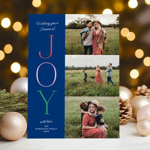 Chic Type Blue JOY Customisable Colours THREE Phot Holiday Card