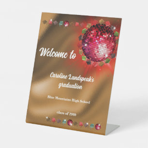 Chic Typo on Gold Foil with Red Disco Ball Pedestal Sign