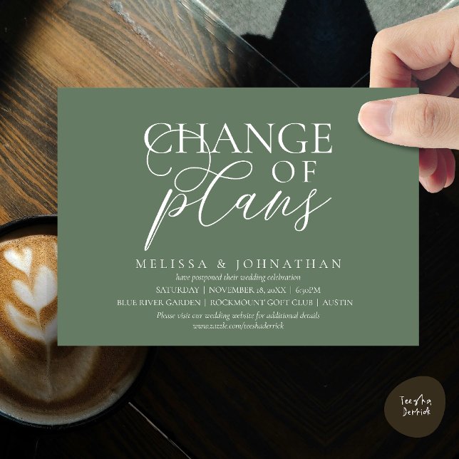 Chic Typographic Wedding Postpone Change of plans Invitation (Chic Typographic Wedding Postponement Change of plans Date Changed Invitation Card in Sage Green)