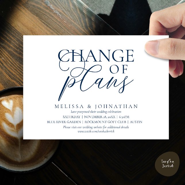 Chic Typographic Wedding Postpone Change of plans Invitation (Chic Typographic Wedding Postponement Change of plans Date Changed Invitation Card in Navy Blue)