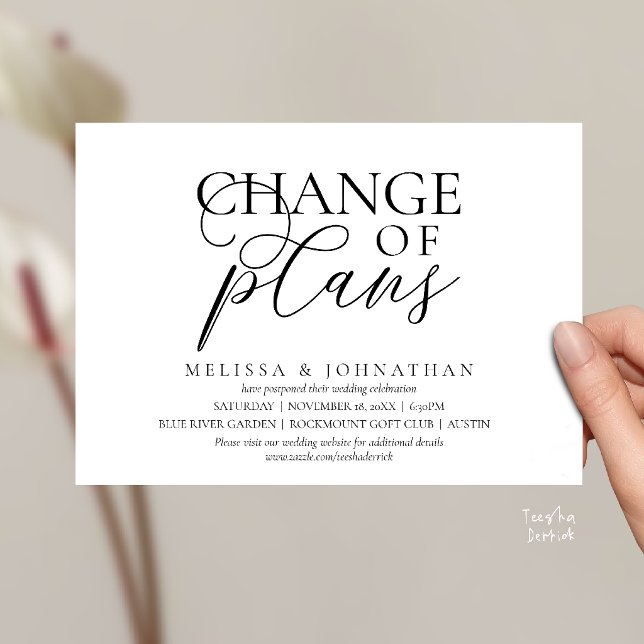 Chic Typographic Wedding Postpone Change of plans Invitation (Chic Typographic Wedding Postponement Change of plans Date Change Invitation Card in Black and White)