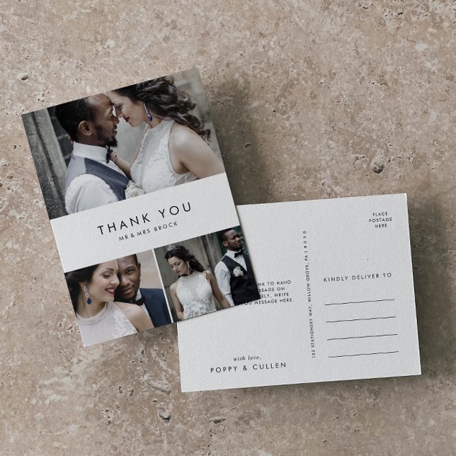 Chic Typography 3 Photo Collage Thank You Postcard (Creator Uploaded)