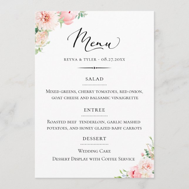 Chic Typography Blush Pink Floral Wedding Menu (Front)