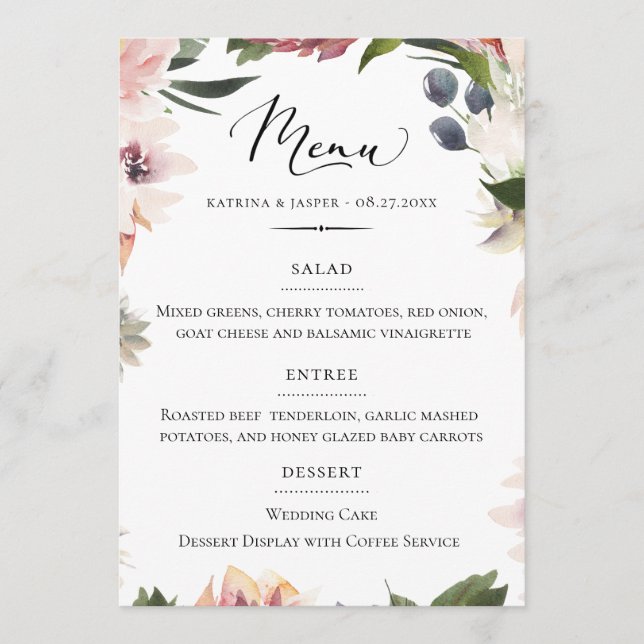Chic Typography Blush Plum Floral Wedding Menu (Front)