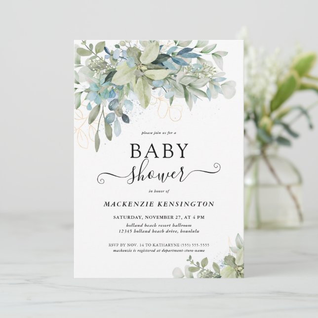 Chic Typography Eucalyptus Greenery Baby Shower Invitation (Standing Front)