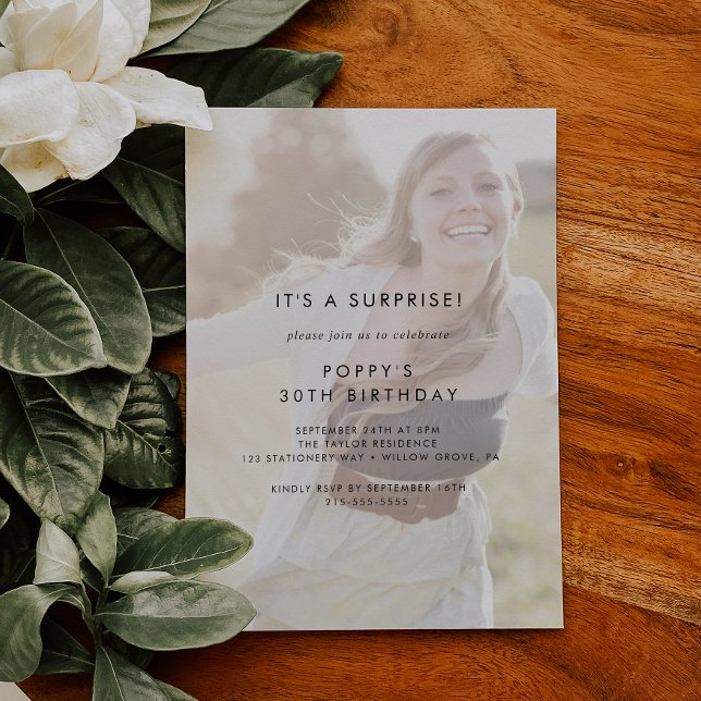Chic Typography | Faded Photo Surprise Party Invitation (Creator Uploaded)