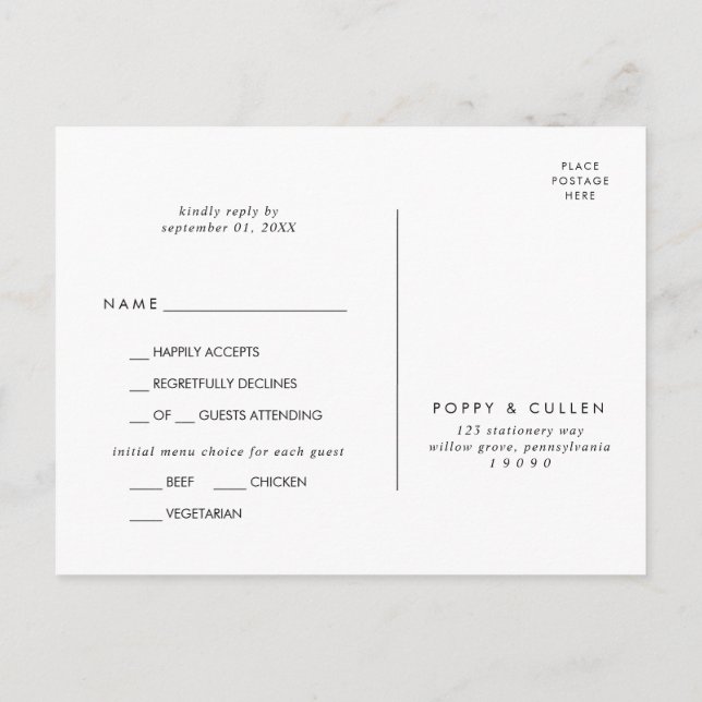Chic Typography Menu Choice RSVP Postcard (Back)