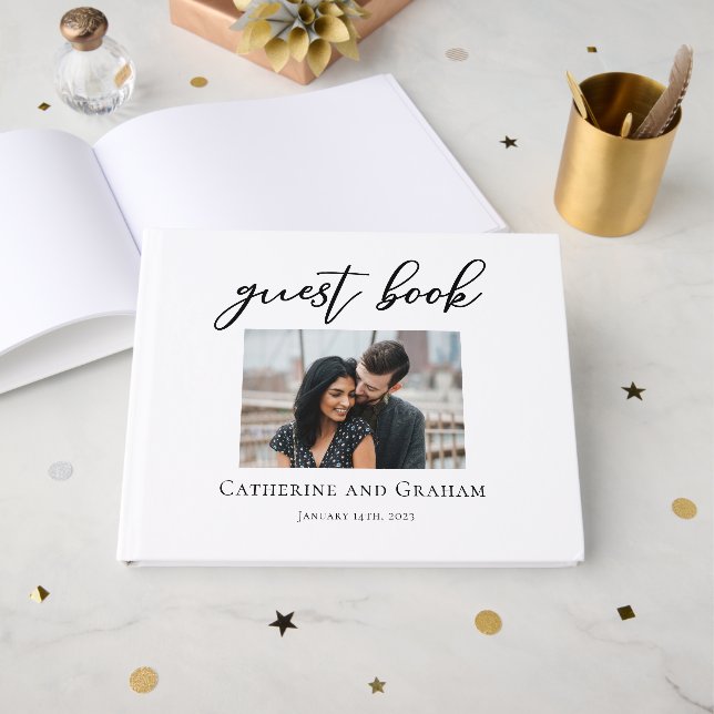 Chic Typography Photo Modern Minimalist Wedding Guest Book (Front Open)