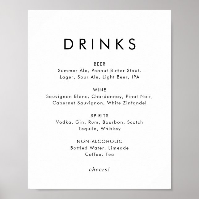 Chic Typography Wedding Drinks Menu Sign (Front)
