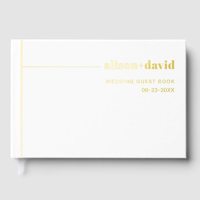 Chic typography white minimalist foil wedding guest book (Front)