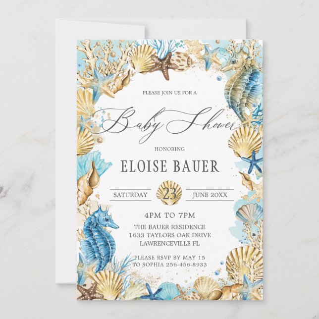 Chic Under the Sea Mermaid Baby Shower Blue Gold  Invitation (Front)