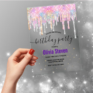 Chic unicorn drips glitter monogram birthday  acrylic invitations