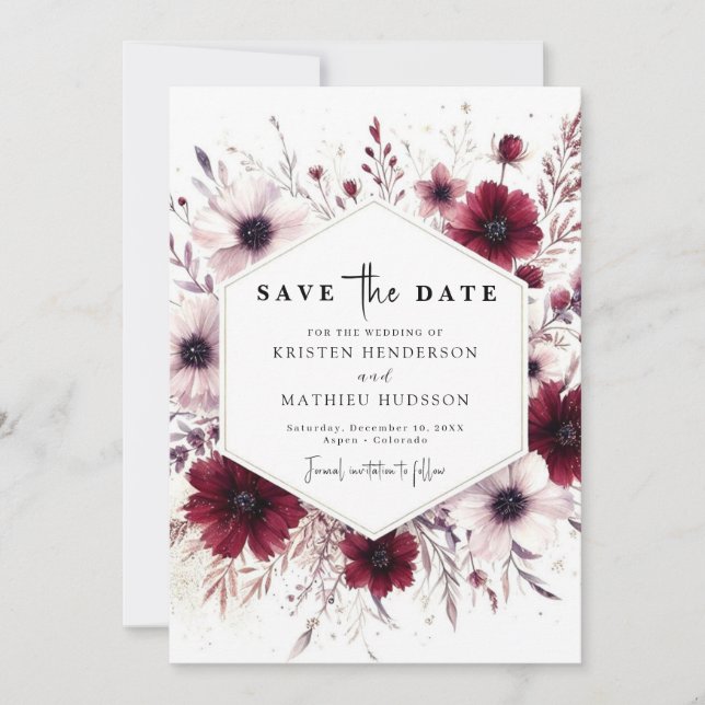Chic Unique Burgundy Wedding Save The Date (Front)