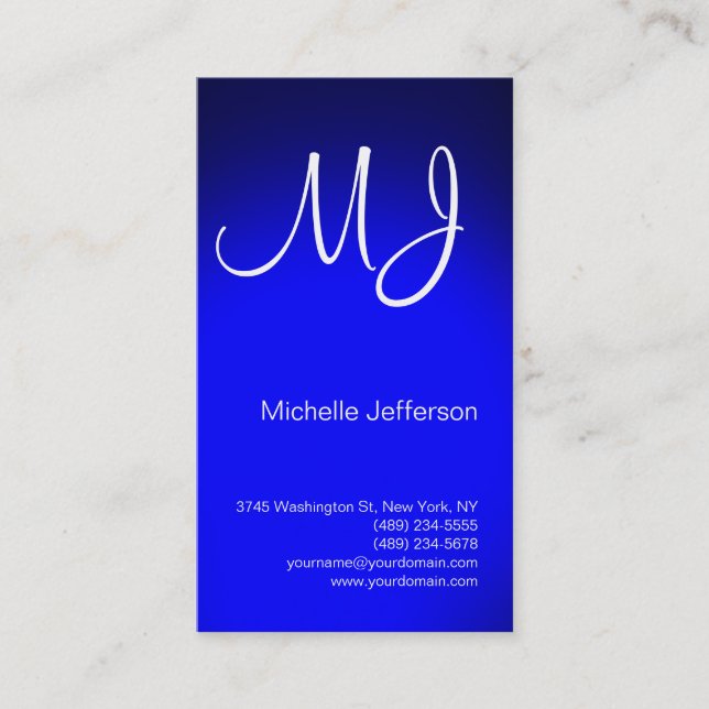 Chic Unique Monogram Blue & White Business Card (Front)