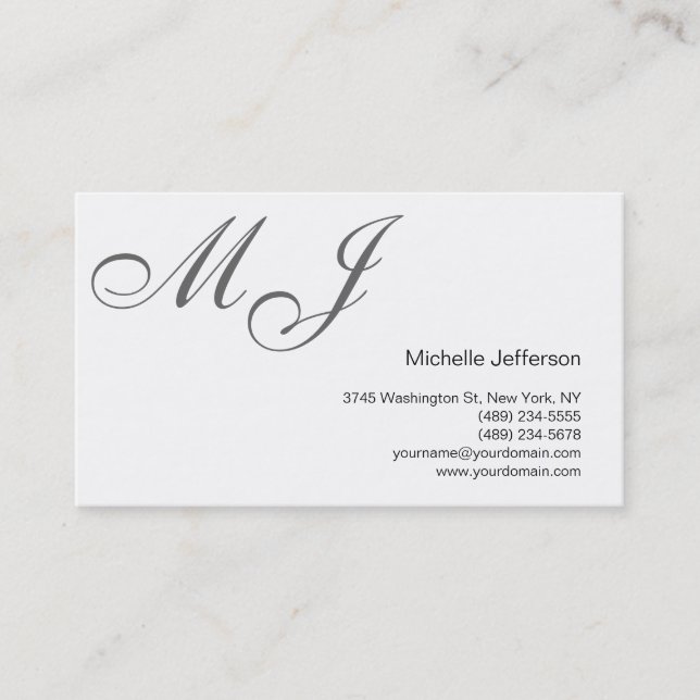 Chic Unique Monogram White Grey Business Card (Front)