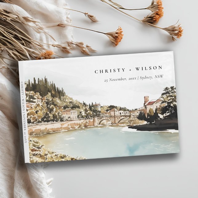 Chic Verona Adige River Italy Watercolor Wedding Guest Book (Creator Uploaded)