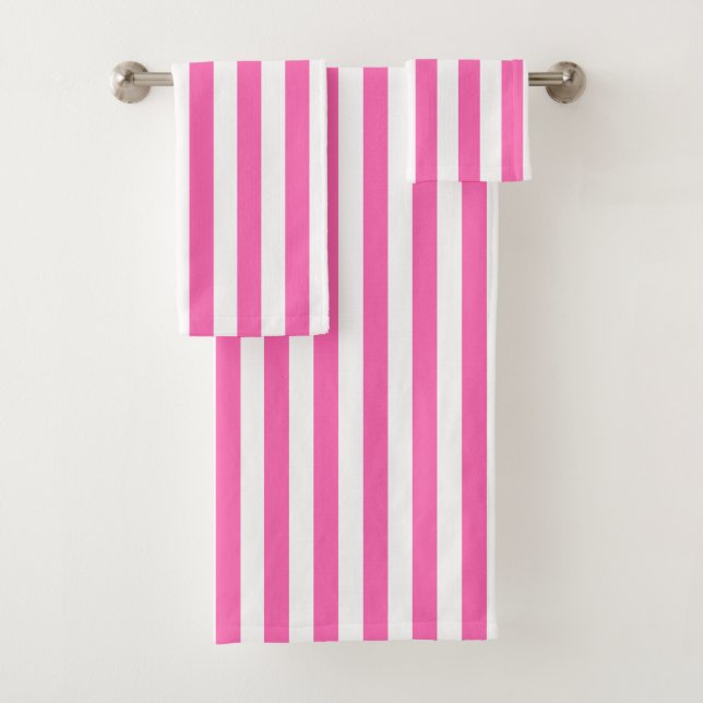 Chic Vertical Stripes Pink And White Striped  Bath Towel Set (Insitu)