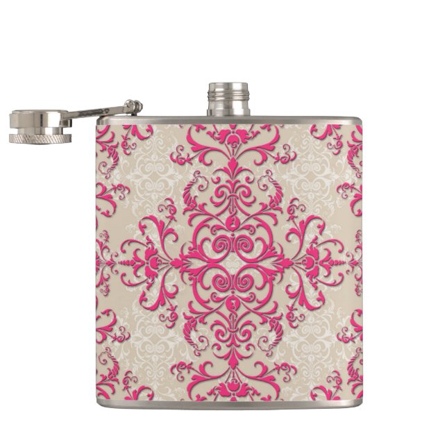 Chic Victorian Style Floral Damask Pattern Pink Hip Flask (Opened)