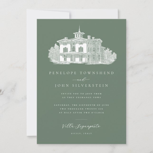 Chic Villa Illustration Sage Green Italian Wedding Invitation (Front)