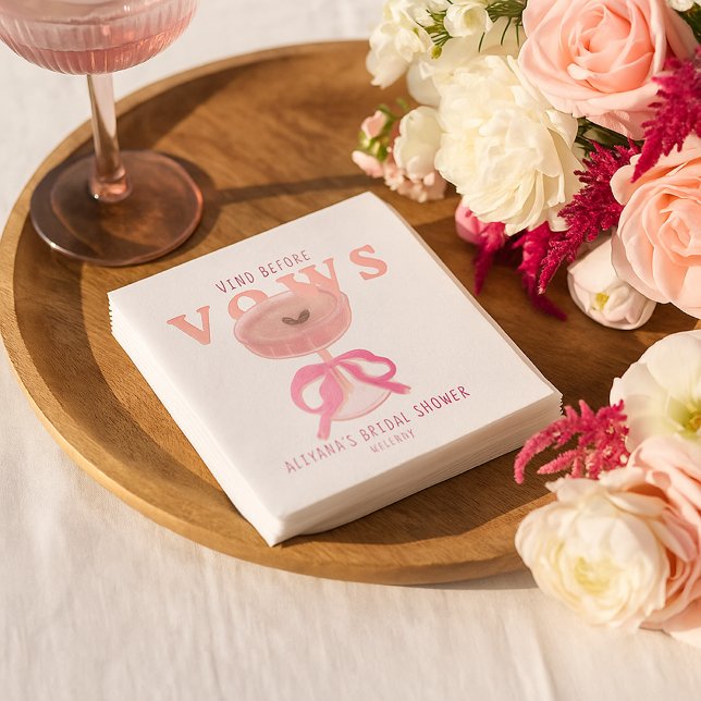 Chic Vino Before Vows Pink Wine Bow Bridal Shower Napkin (Creator Uploaded)