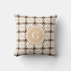 Chic vintage beige houndstooth plaid monogram cushion