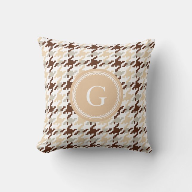 Chic vintage beige houndstooth plaid monogram cushion (Front)