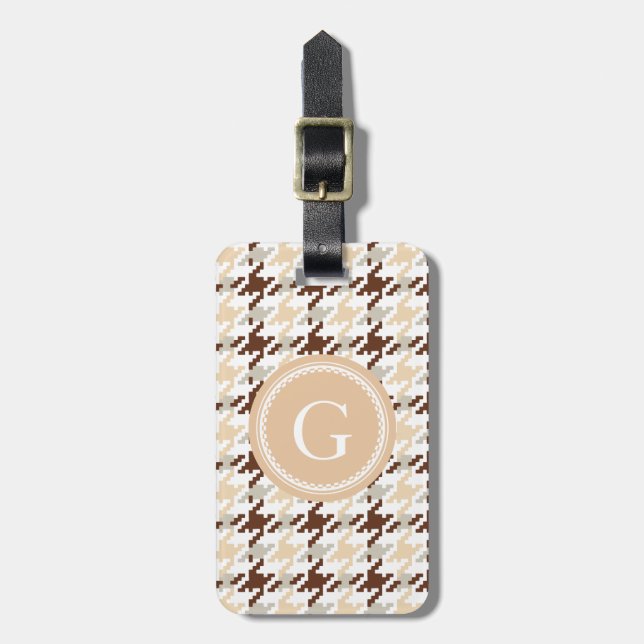 Chic vintage beige houndstooth plaid monogram luggage tag (Front Vertical)