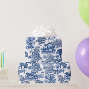 Chic Vintage Blue Horses Toile Pattern Wrapping Paper