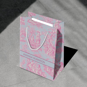 Chic vintage blue pink toile de jouy medium gift bag