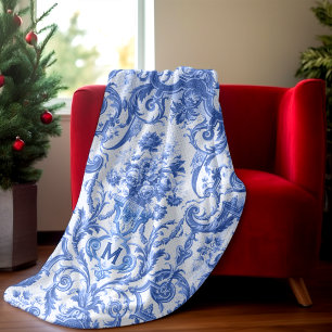 Chic Vintage Blue Toile De Jouy Monogram Fleece Blanket