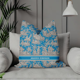 Chic vintage blue turquoise toile de jouy printed  cushion