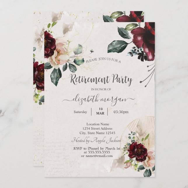Chic Vintage Burgundy Flowers Retirement Party Invitation (Front/Back)