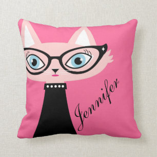 Chic Vintage Cat 2-Sided Throw Pillow - Pink