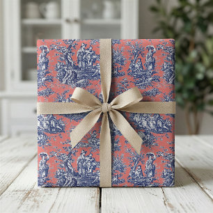 Chic vintage coral red blue toile de jouy printed wrapping paper